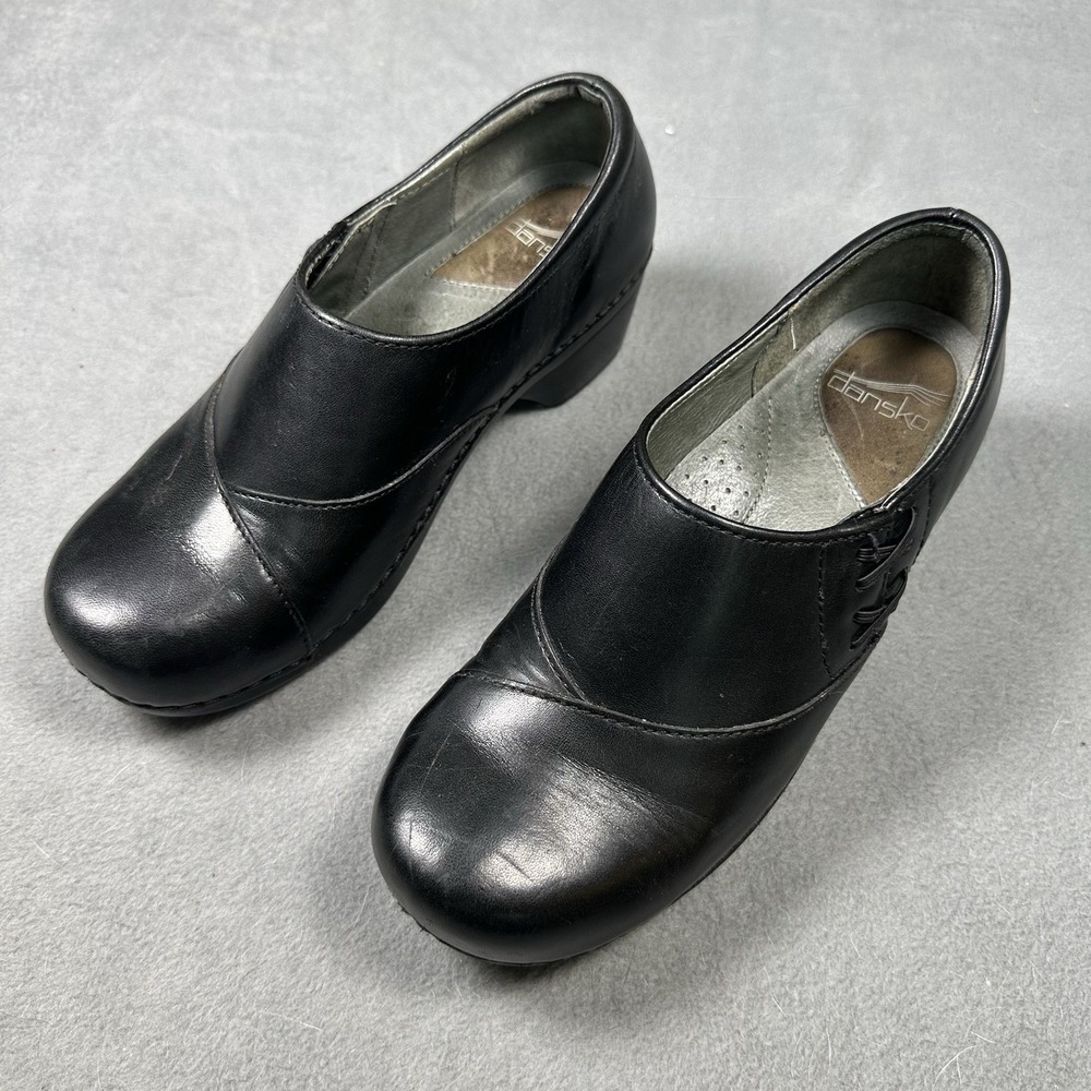 Dansko Stacie Black Leather Slip On Clogs Womens EU 38 US 7.5 8